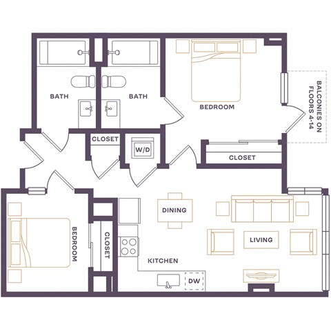 Floor plan for 2 beds, 2 baths, 677 sqft