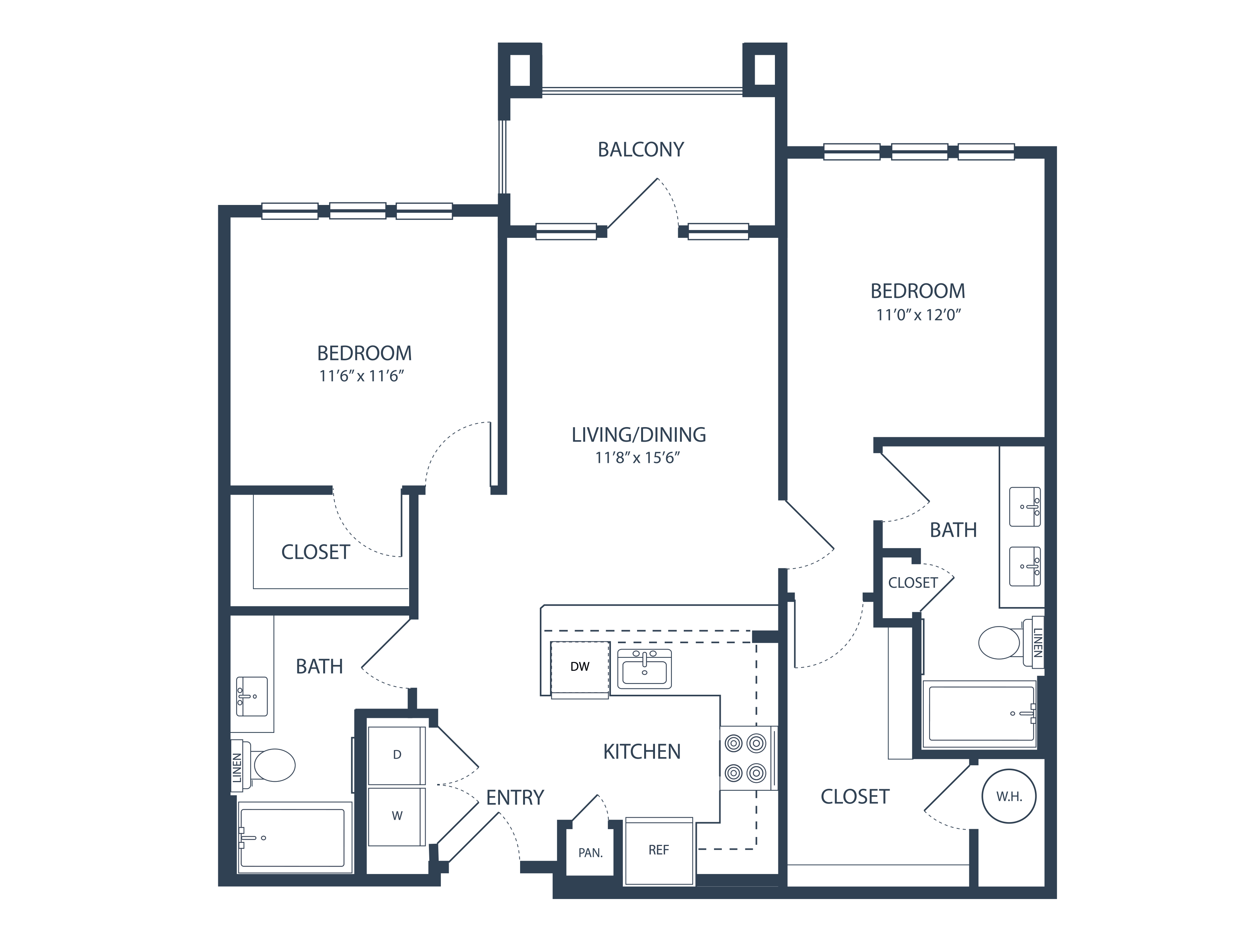 Floor plan for 2 beds, 2 baths, 1071 sqft