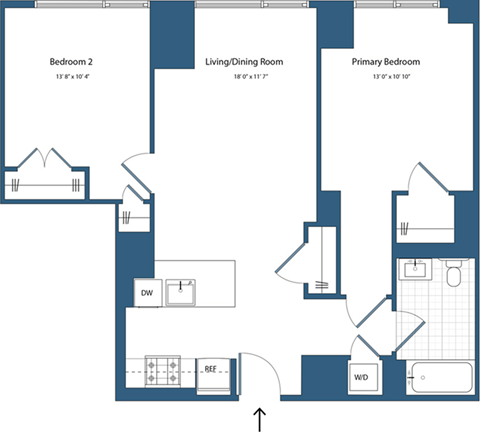 Floor plan for 2 beds, 1 bath, 824 sqft