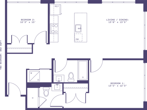 Floor plan for 2 beds, 2 baths, 962 sqft