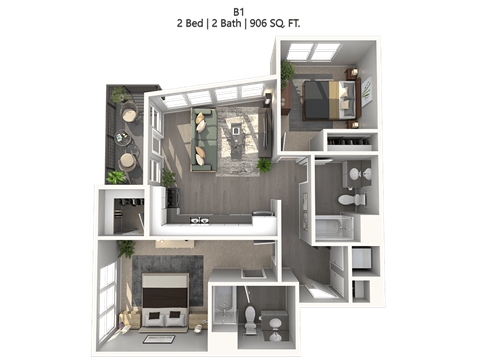Floor plan for 2 beds, 2 baths, 906 sqft