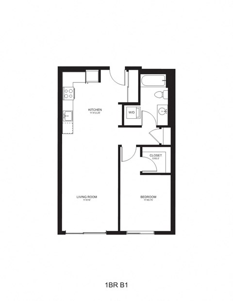Floor plan for 1 bed, 1 bath, 745 sqft