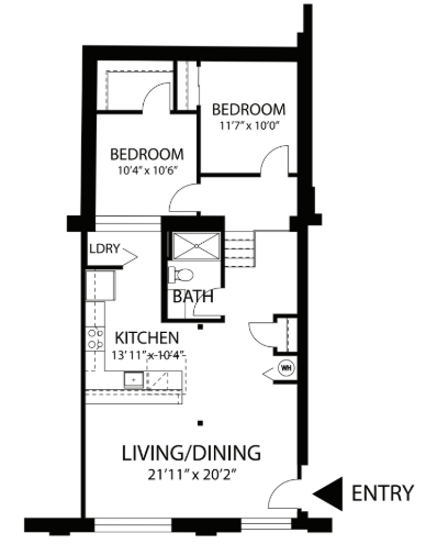 Floor plan for 2 beds, 1 bath, 1000 sqft
