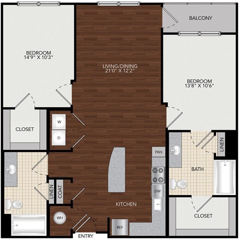 Floor plan for 2 beds, 2 baths, 1108 sqft