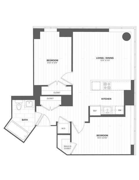 Floor plan for 2 beds, 1 bath, 754 sqft