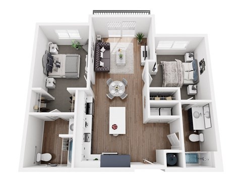 Floor plan for 2 beds, 2 baths, 970 sqft