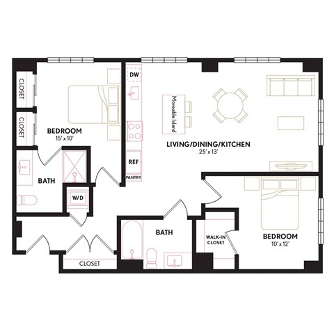 Floor plan for 2 beds, 2 baths, 1055 sqft