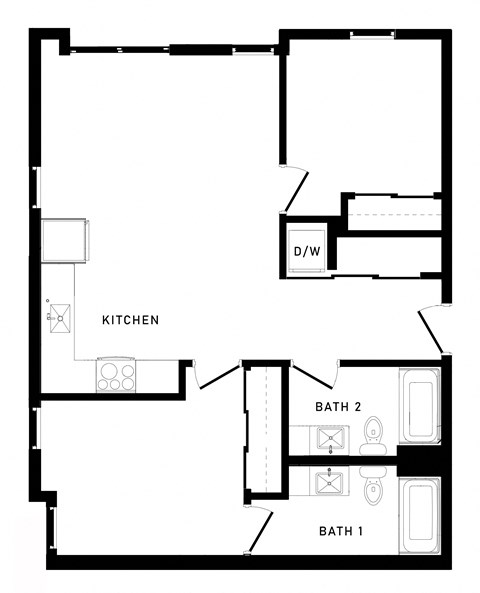 Floor plan for 2 beds, 2 baths, 880 sqft