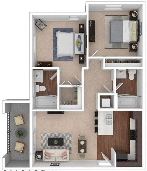 Floor plan for 2 beds, 2 baths, 894 sqft