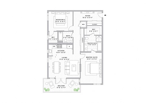 Floor plan for 2 beds, 2 baths, 1099 sqft