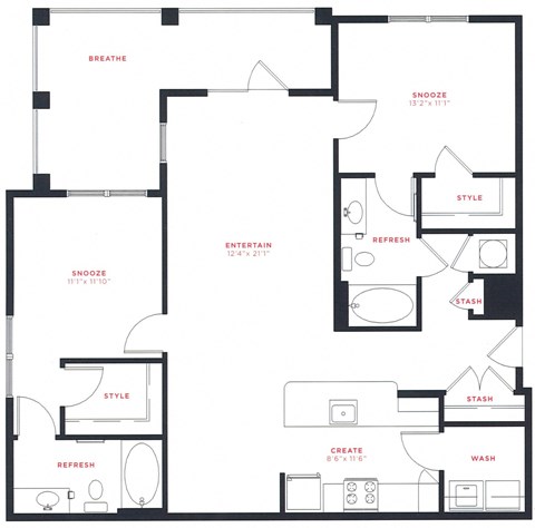 Floor plan for 2 beds, 2 baths, 1162 sqft