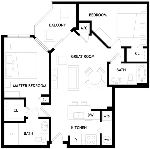 Floor plan for 2 beds, 2 baths, 1006 sqft