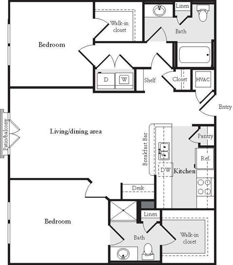 Floor plan for 2 beds, 2 baths, 1140 sqft