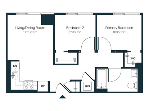 Floor plan for 2 beds, 1 bath, 666 sqft