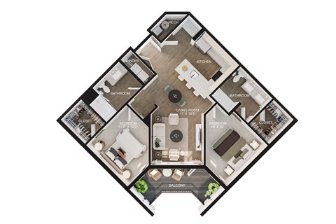 Floor plan for 2 beds, 2 baths, 985 sqft