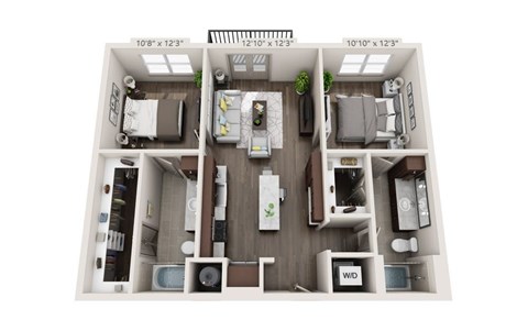 Floor plan for 2 beds, 2 baths, 1121 sqft