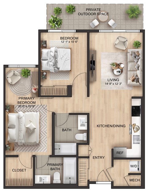 Floor plan for 2 beds, 2 baths, 1003 sqft