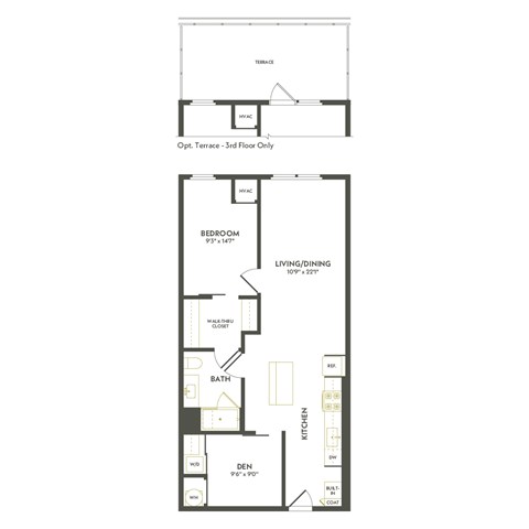 Floor plan for 1 bed, 1 bath, 882 sqft