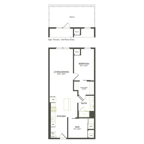 Floor plan for 1 bed, 1 bath, 897 sqft