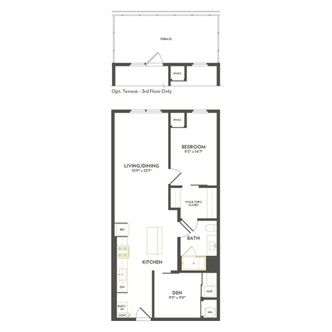Floor plan for 1 bed, 1 bath, 900 sqft