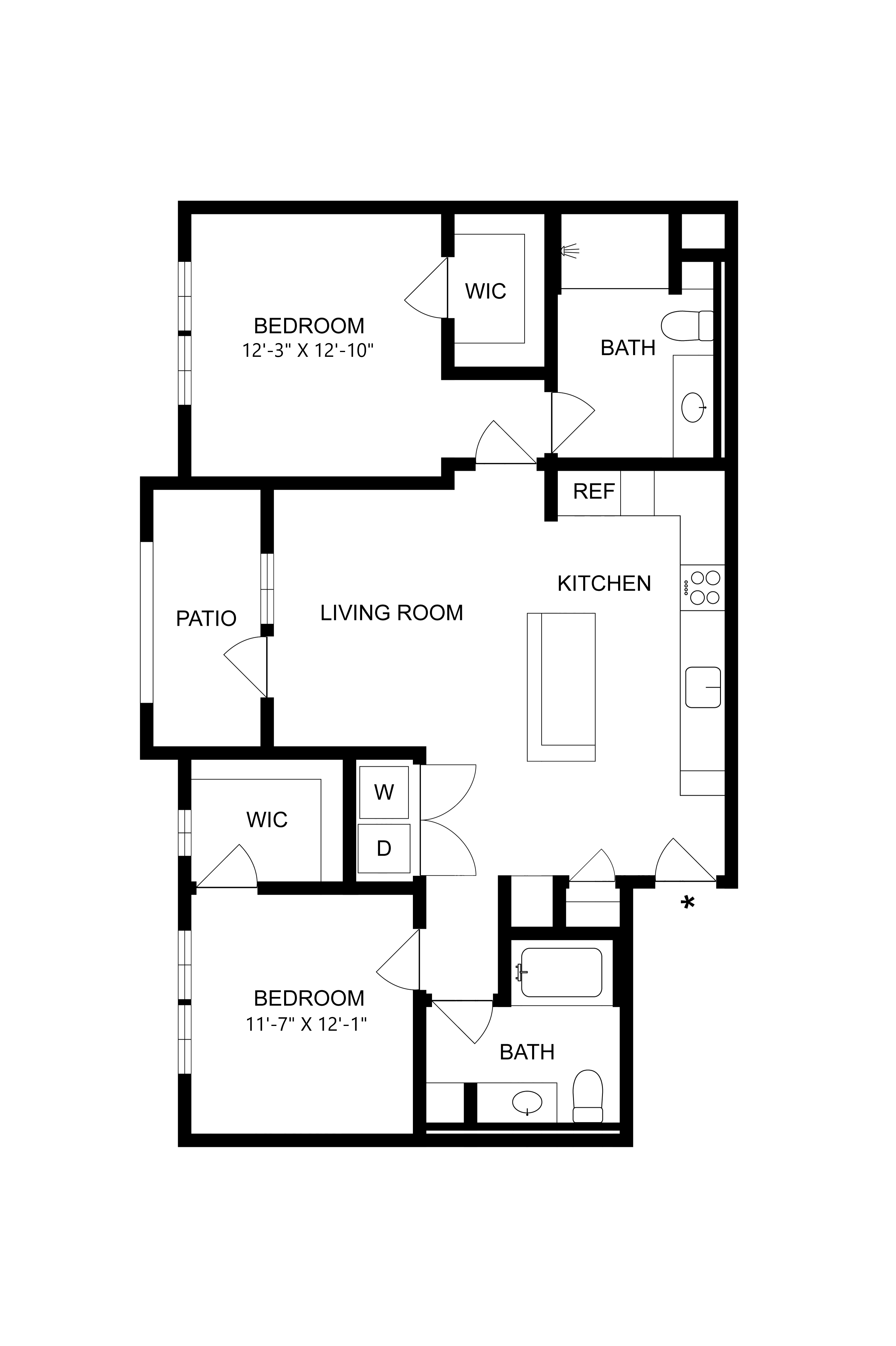Floor plan for 2 beds, 2 baths, 1044 sqft