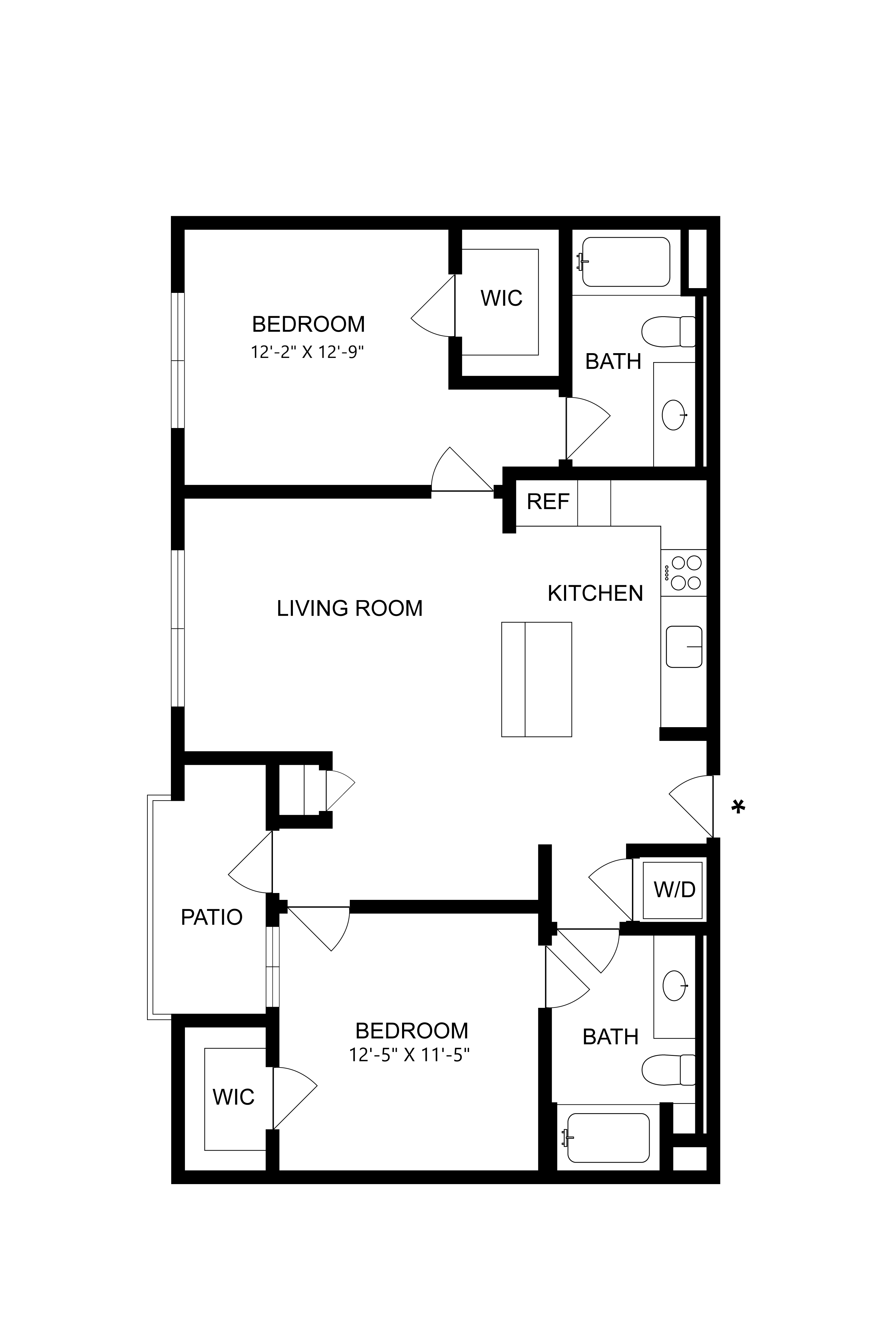 Floor plan for 2 beds, 2 baths, 1050 sqft