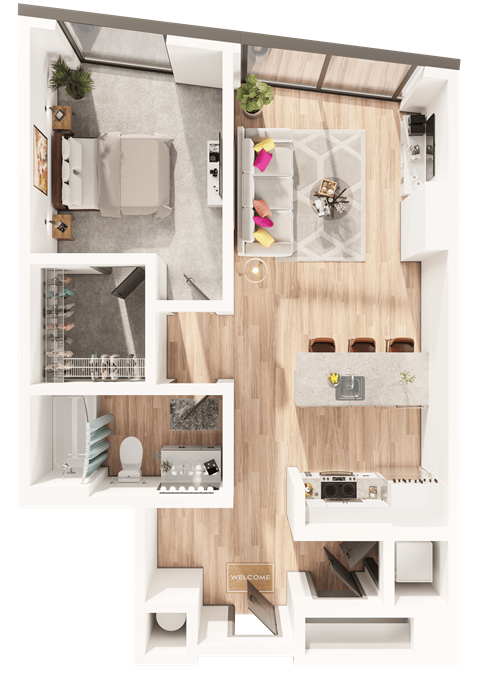 Floor plan for 1 bed, 1 bath, 743 sqft
