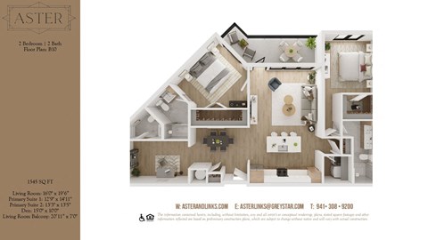 Floor plan for 2 beds, 2.5 baths, 1545 sqft