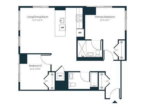 Floor plan for 2 beds, 2 baths, 1085 sqft