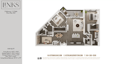 Floor plan for 2 beds, 2.5 baths, 1538 sqft