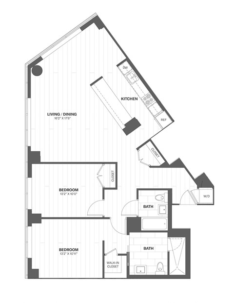 Floor plan for 2 beds, 2 baths, 1127 sqft