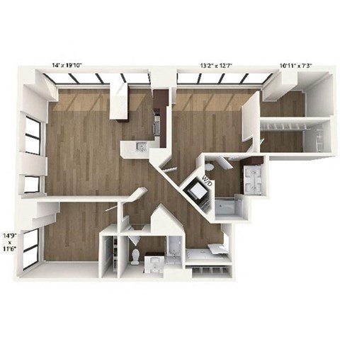 Floor plan for 2 beds, 2 baths, 1400 sqft