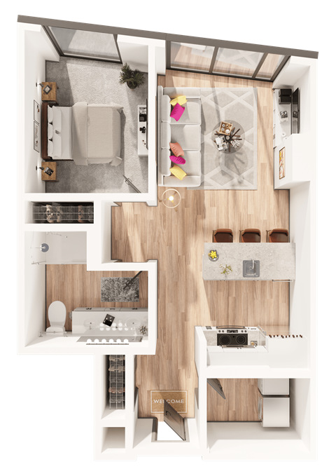 Floor plan for 1 bed, 1 bath, 743 sqft
