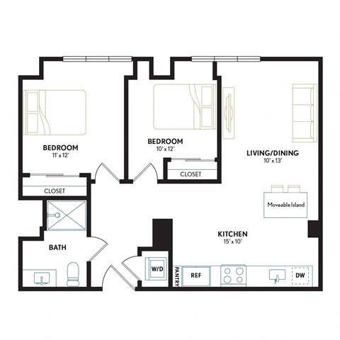 Floor plan for 2 beds, 1 bath, 812 sqft