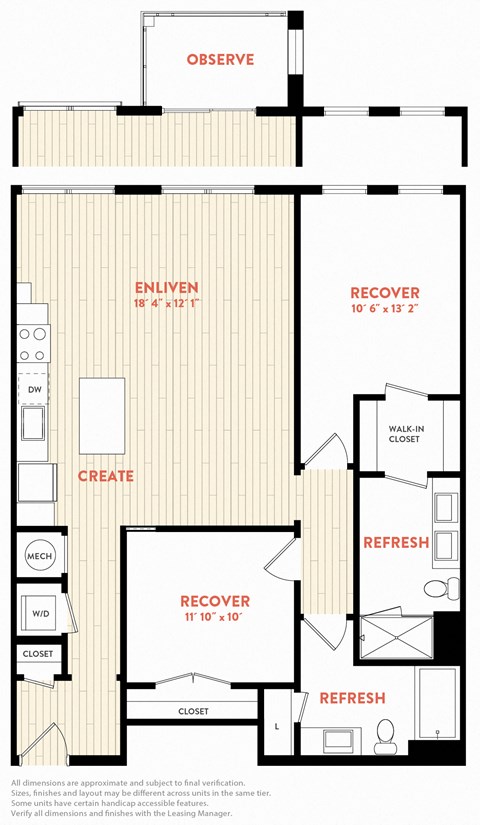 Floor plan for 2 beds, 2 baths, 1121 sqft