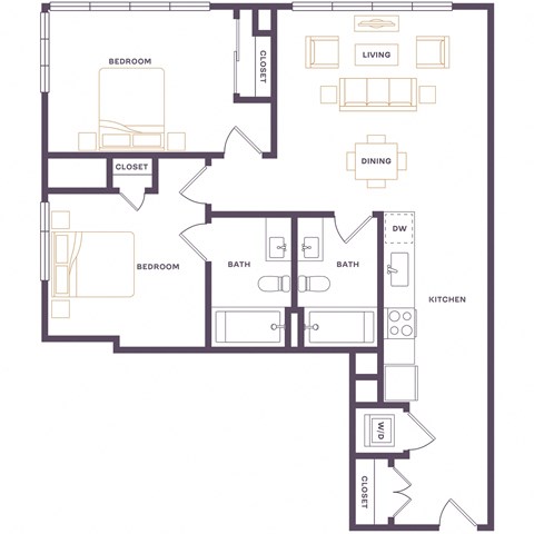 Floor plan for 2 beds, 2 baths, 883 sqft