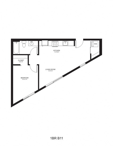 Floor plan for 1 bed, 1 bath, 598 sqft