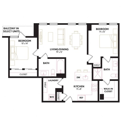 Floor plan for 2 beds, 2 baths, 1006 sqft