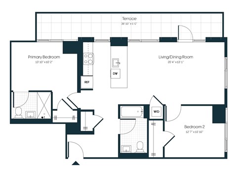 Floor plan for 2 beds, 2 baths, 1097 sqft