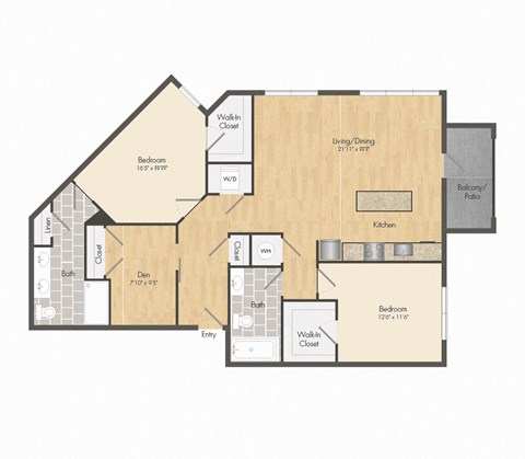 Floor plan for 2 beds, 2 baths, 1281 sqft