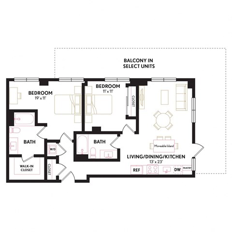 Floor plan for 2 beds, 2 baths, 1059 sqft