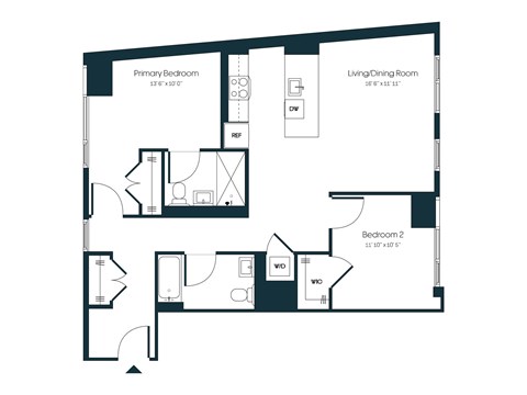 Floor plan for 2 beds, 2 baths, 1117 sqft