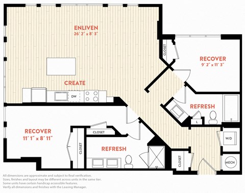 Floor plan for 2 beds, 2 baths, 1127 sqft