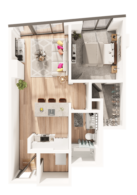 Floor plan for 1 bed, 1 bath, 691 sqft