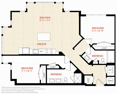 Floor plan for 2 beds, 2 baths, 1289 sqft