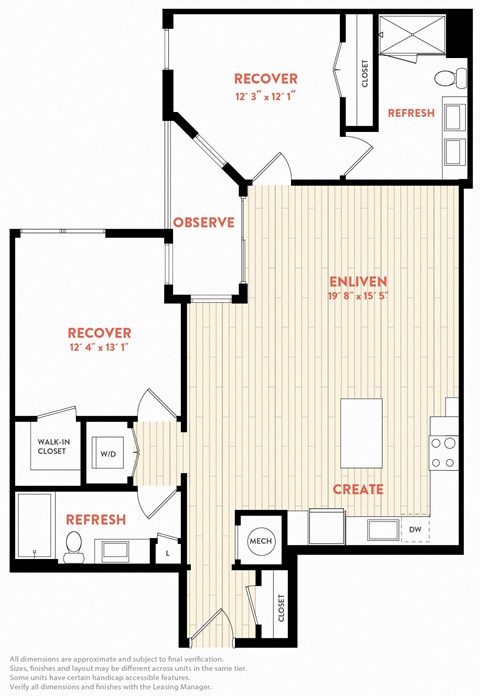 Floor plan for 2 beds, 2 baths, 1135 sqft