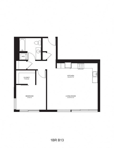 Floor plan for 1 bed, 1 bath, 840 sqft