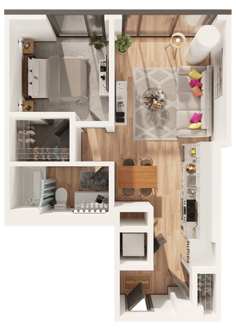 Floor plan for 1 bed, 1 bath, 669 sqft
