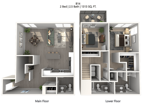 Floor plan for 2 beds, 2 baths, 1442 sqft
