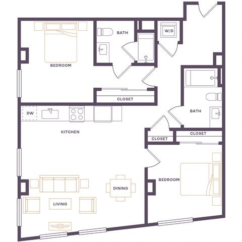 Floor plan for 2 beds, 2 baths, 961 sqft